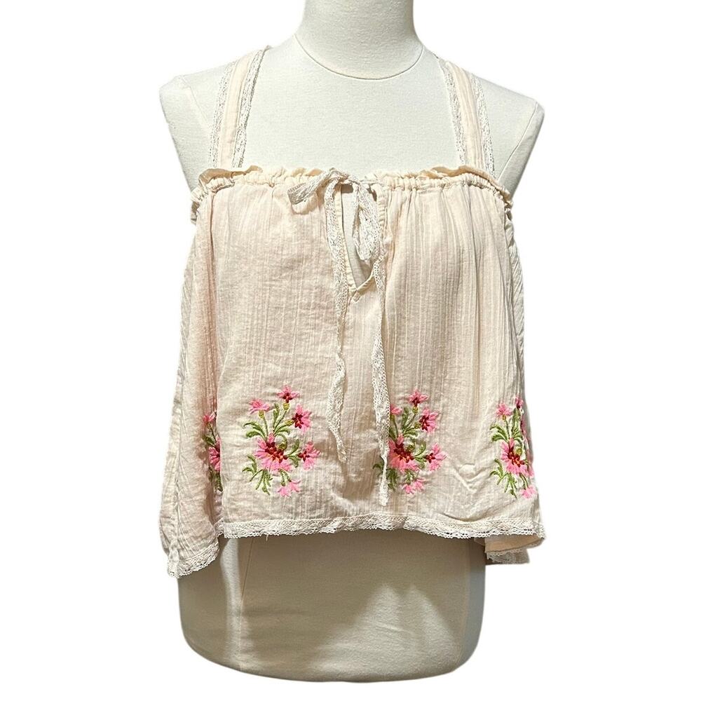 Free People Light Pink Floral Embroidered Halter Top Women's Medium - Picture 3 of 11